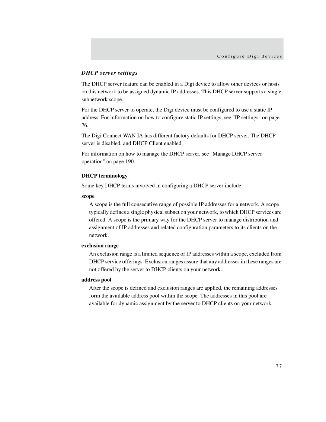 Digi X2 manual Dhcp server settings, Dhcp terminology, Scope, Exclusion range, Address pool 