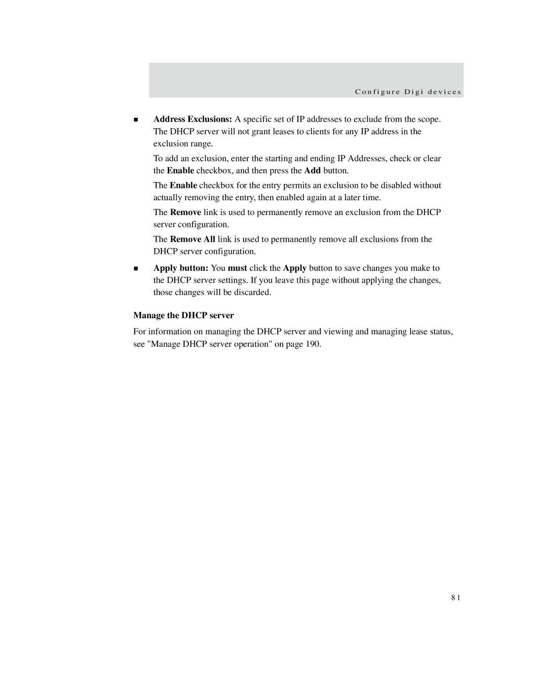 Digi X2 manual Manage the Dhcp server 