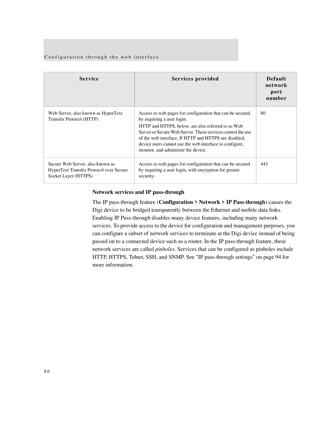 Digi X2 manual Network services and IP pass-through 