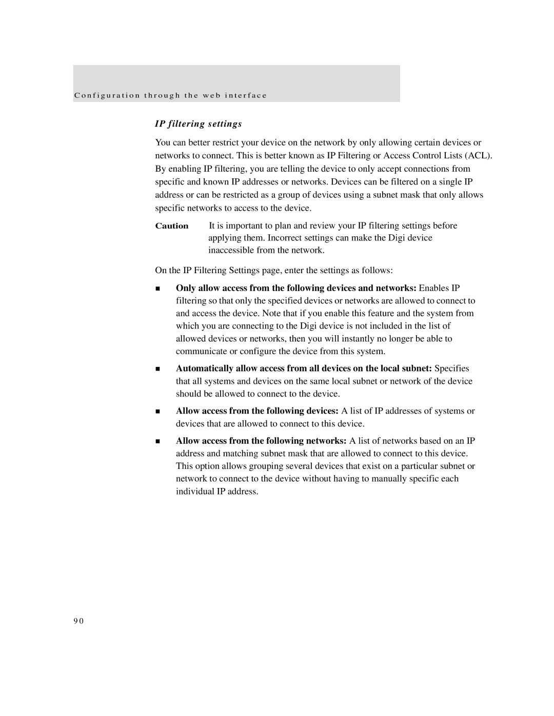 Digi X2 manual IP filtering settings 