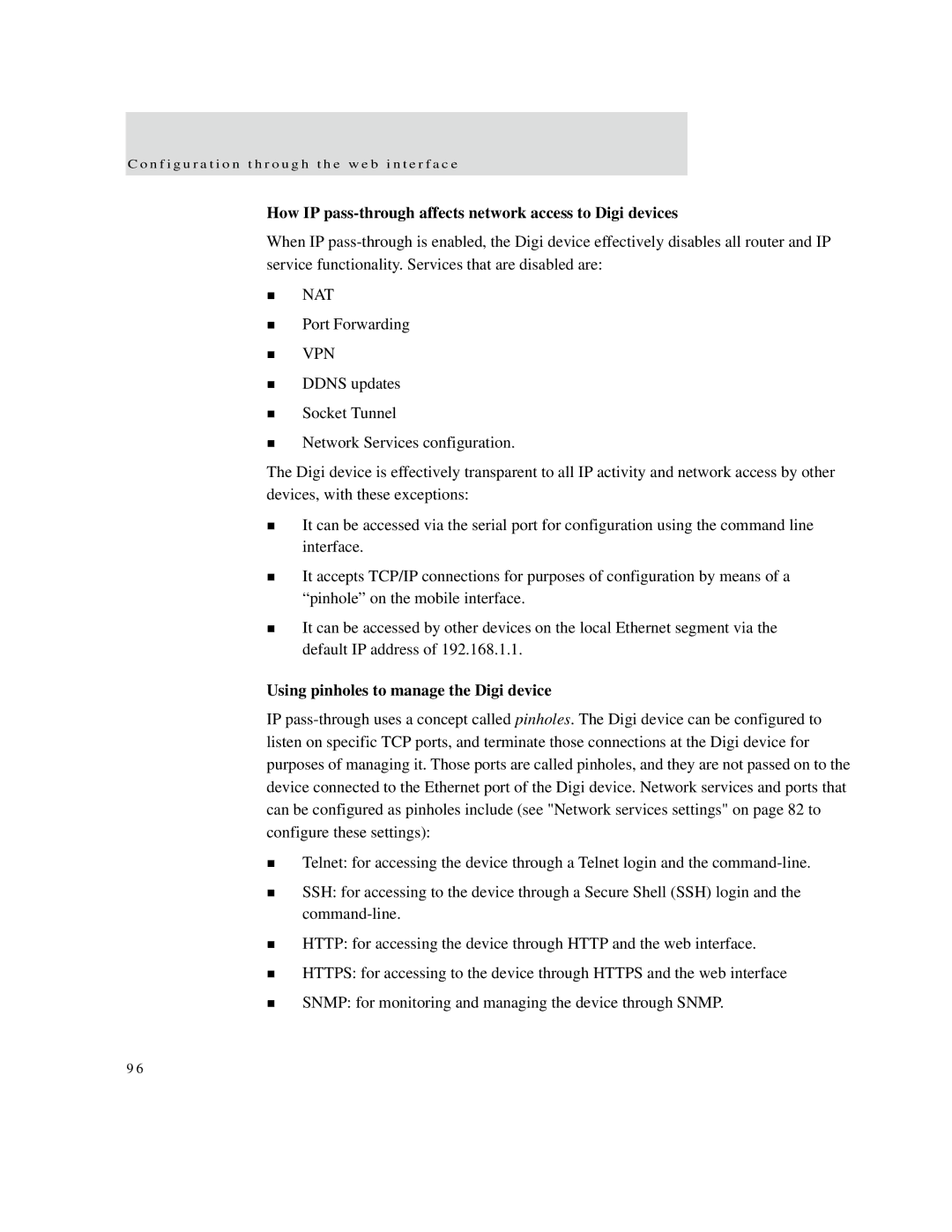 Digi X2 manual How IP pass-through affects network access to Digi devices, Using pinholes to manage the Digi device 