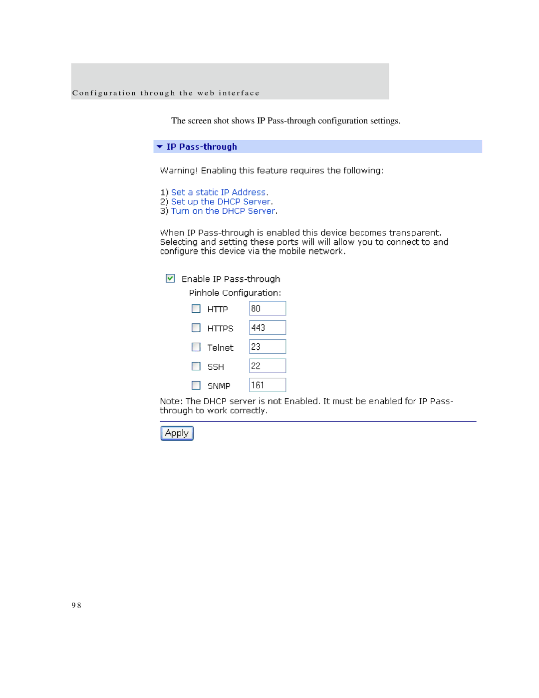 Digi X2 manual Screen shot shows IP Pass-through configuration settings 