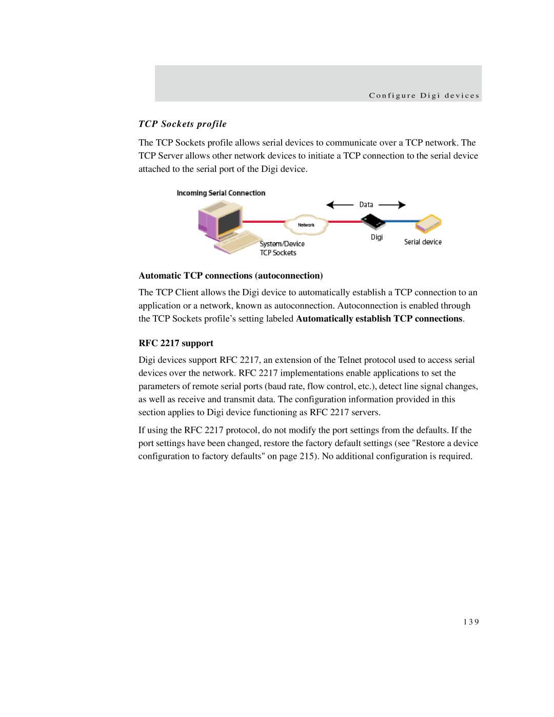 Digi X4, X8, X2 manual TCP Sockets profile, Automatic TCP connections autoconnection, RFC 2217 support 