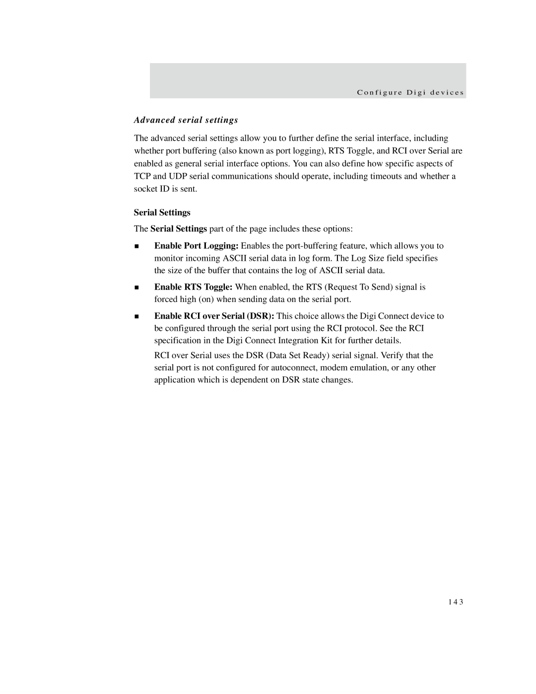 Digi X2, X8, X4 manual Advanced serial settings, Serial Settings 
