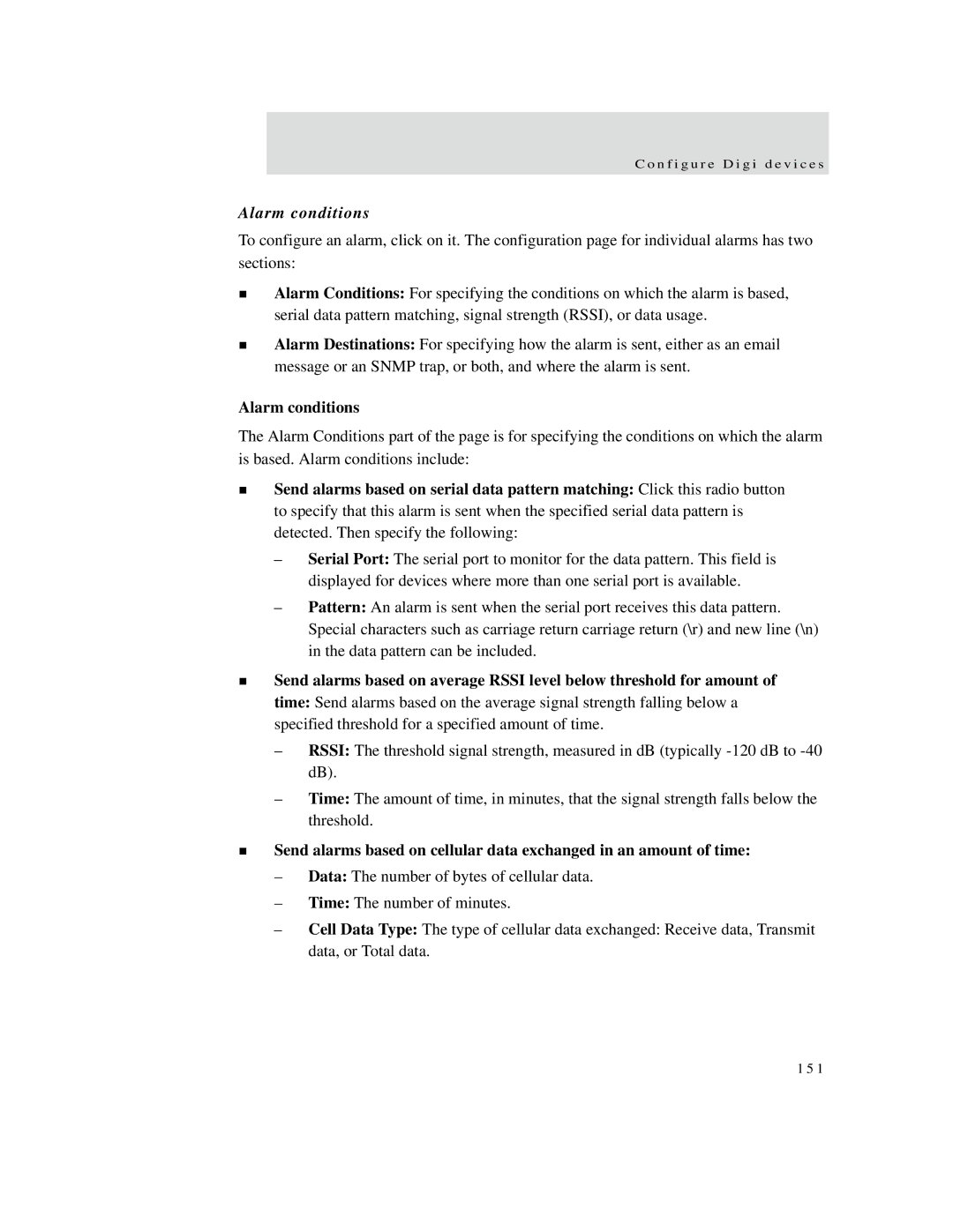 Digi X4, X8, X2 manual Alarm conditions 