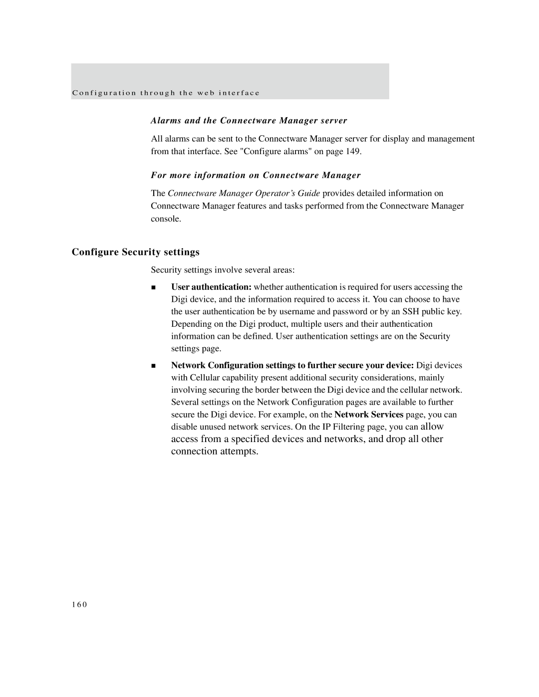 Digi X4, X8, X2 manual Configure Security settings, Alarms and the Connectware Manager server 