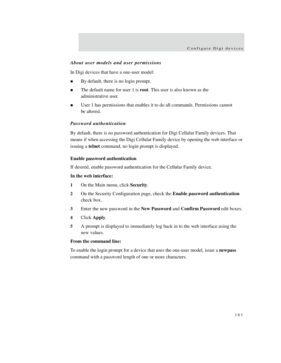 Digi X2, X8 About user models and user permissions, Password authentication, Enable password authentication, Web interface 