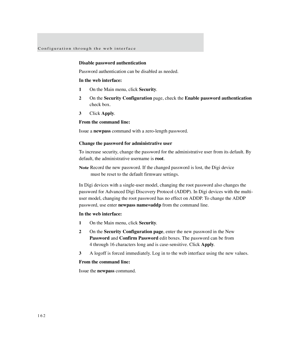 Digi X8, X4, X2 manual Disable password authentication, Change the password for administrative user 