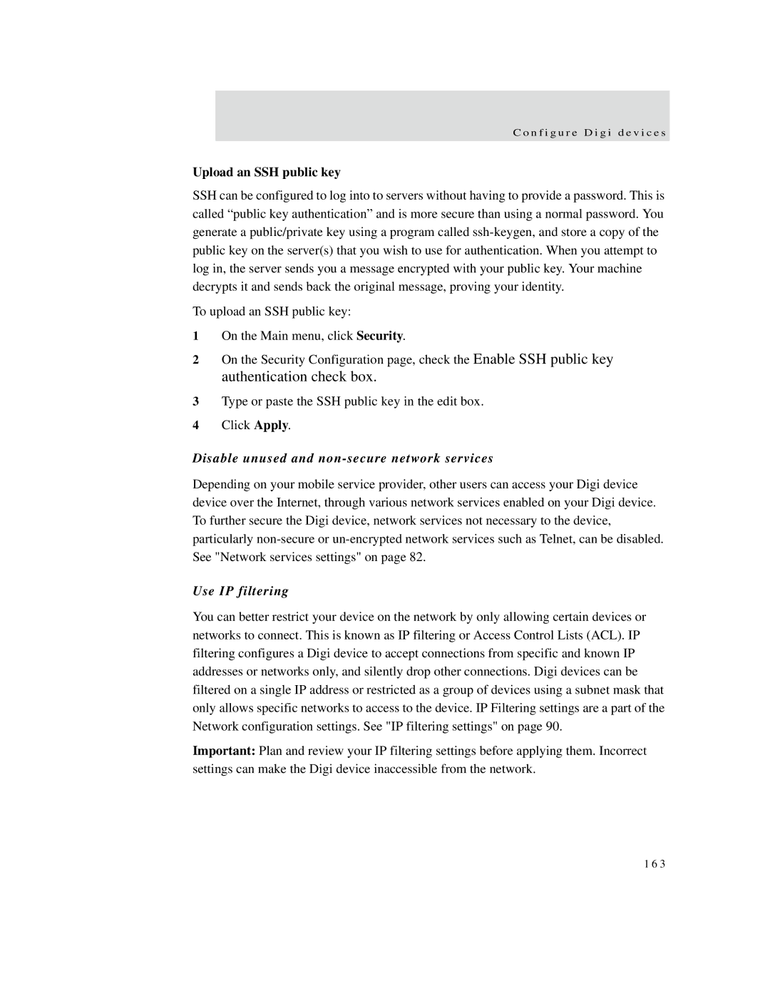 Digi X4, X8, X2 manual Upload an SSH public key, Disable unused and non-secure network services, Use IP filtering 