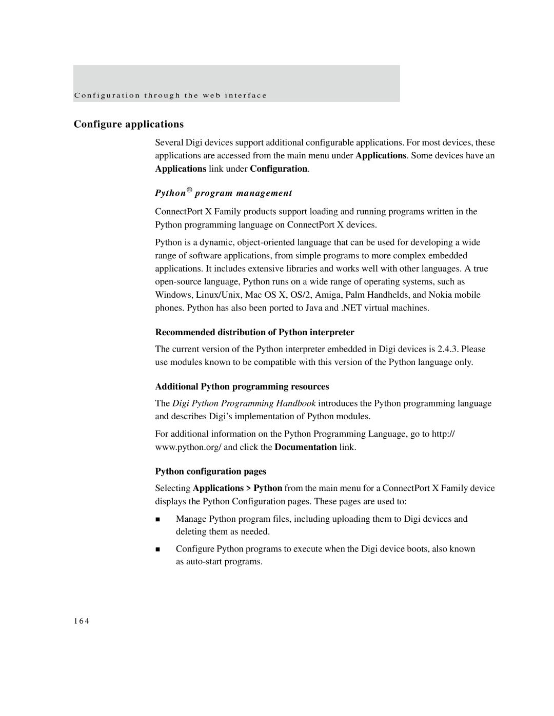 Digi X2, X8, X4 manual Configure applications, Python program management, Recommended distribution of Python interpreter 