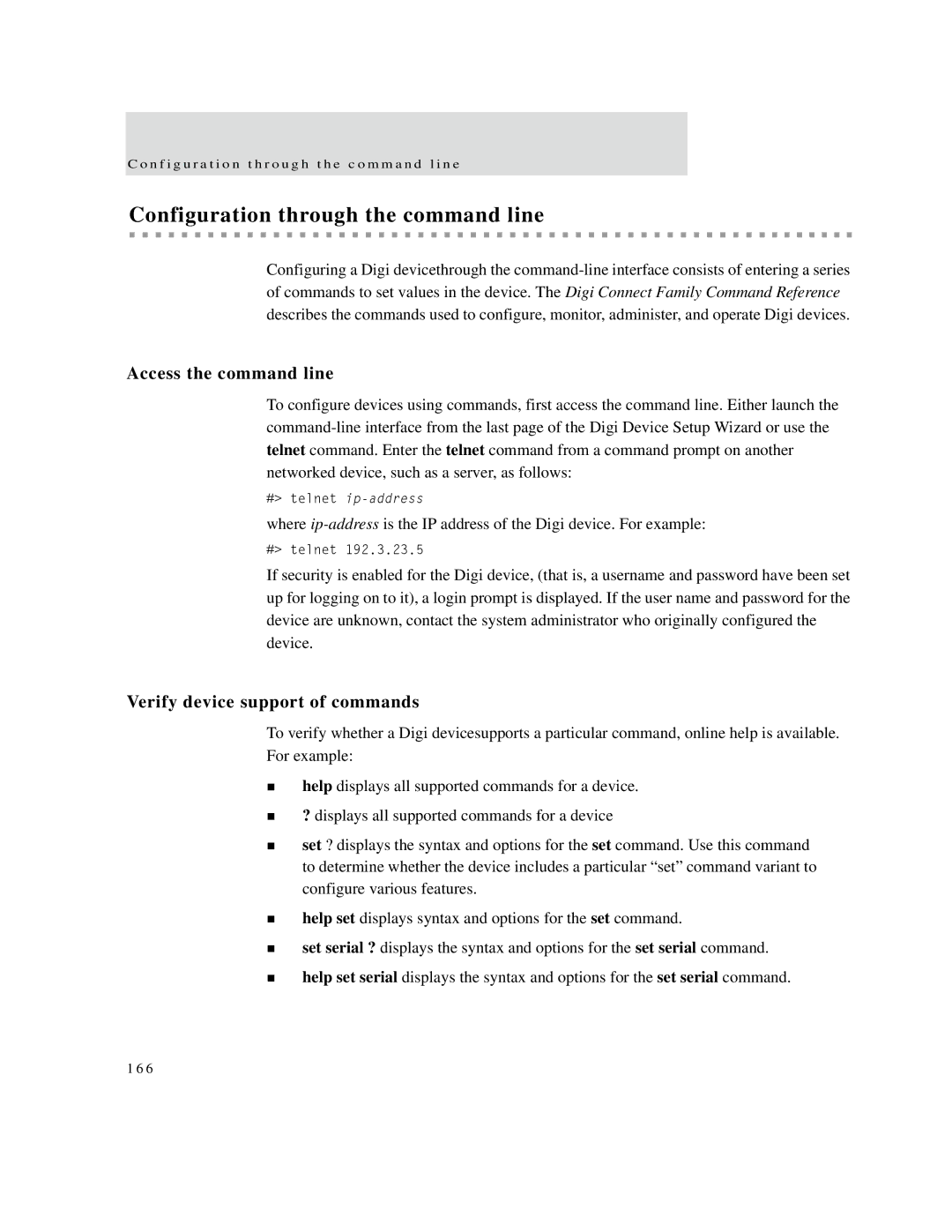 Digi X4, X8, X2 manual Configuration through the command line, Access the command line, Verify device support of commands 