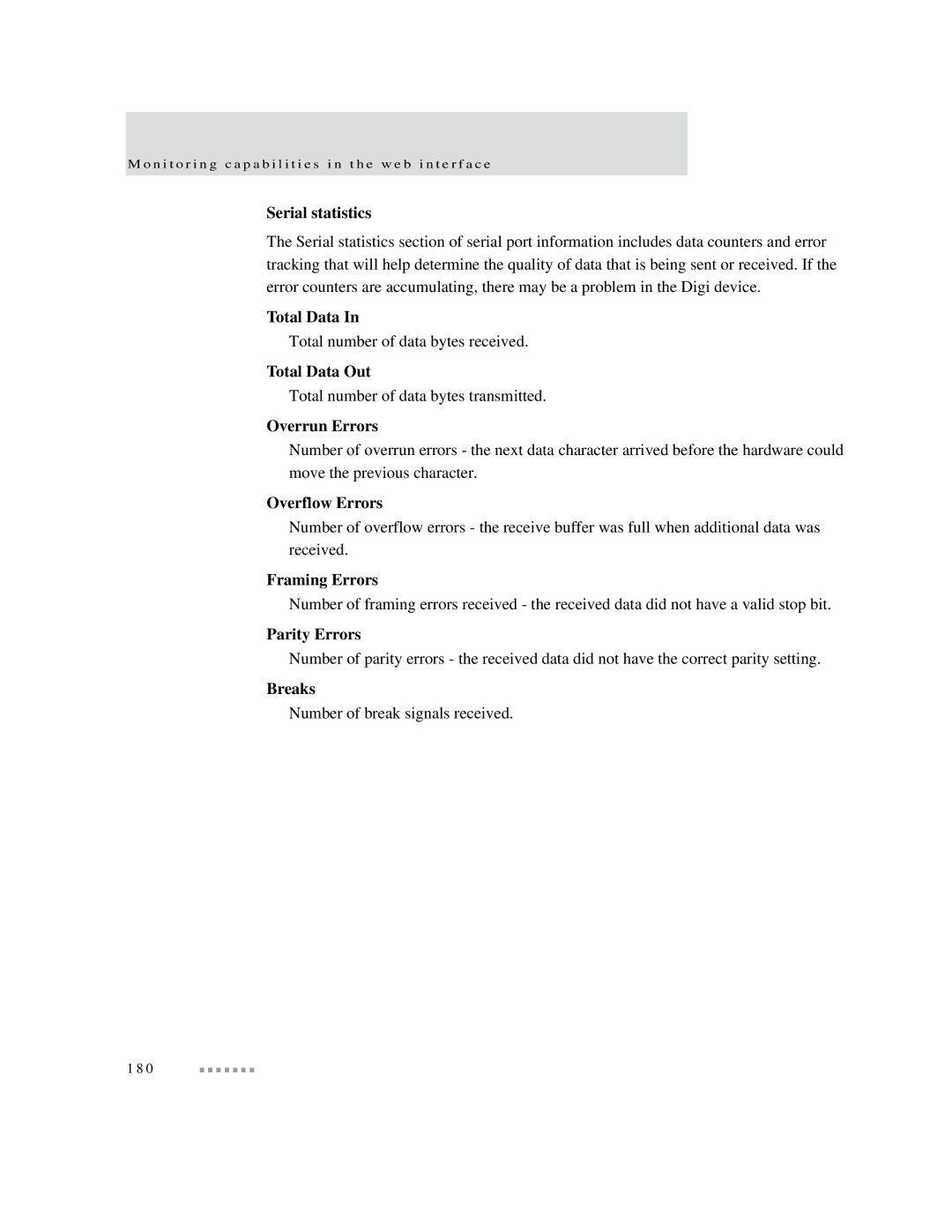 Digi X8, X4 Serial statistics, Total Data Out, Overrun Errors, Overflow Errors, Framing Errors, Parity Errors, Breaks 