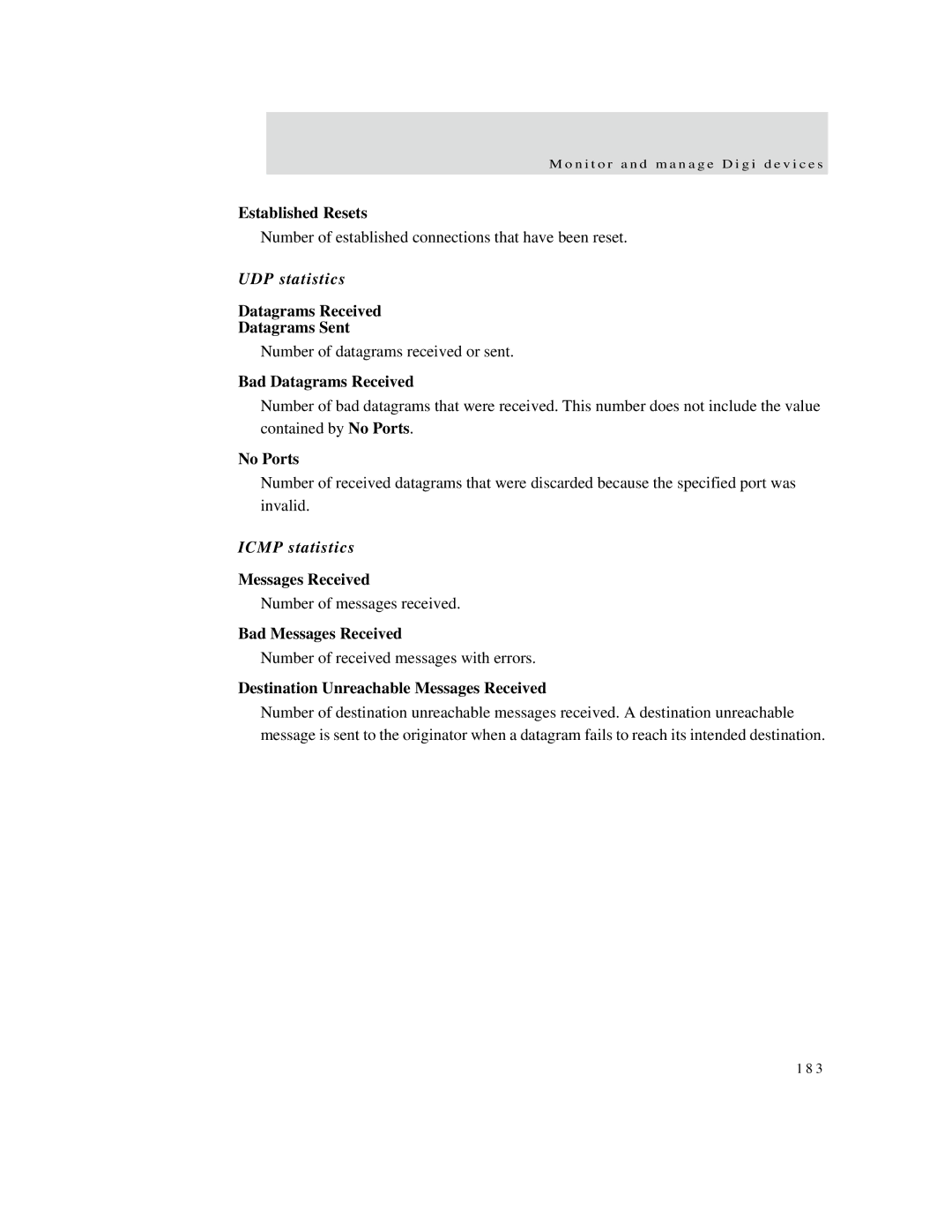 Digi X8, X4, X2 manual UDP statistics, Icmp statistics 