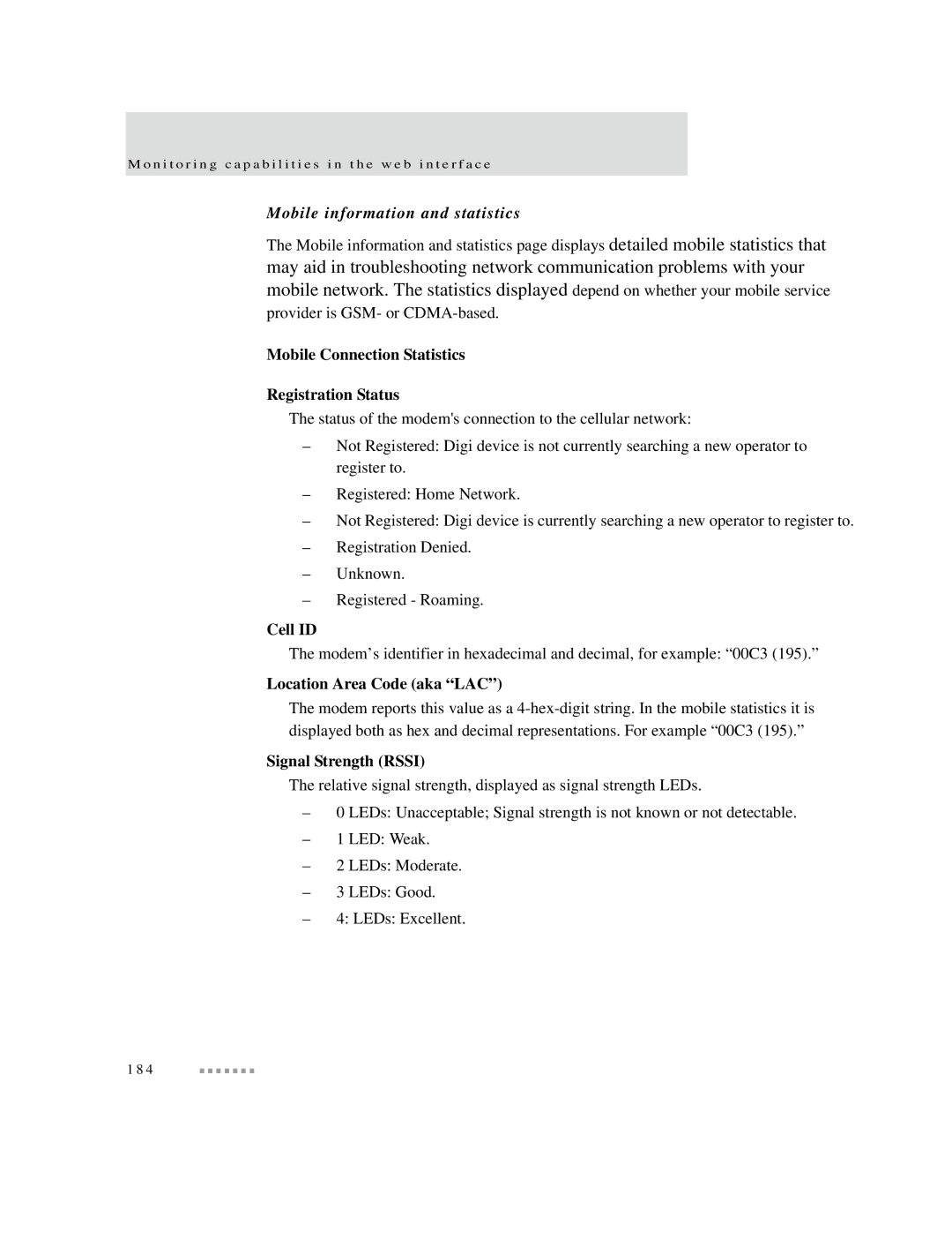 Digi X4 Mobile information and statistics, Mobile Connection Statistics Registration Status, Cell ID, Signal Strength Rssi 