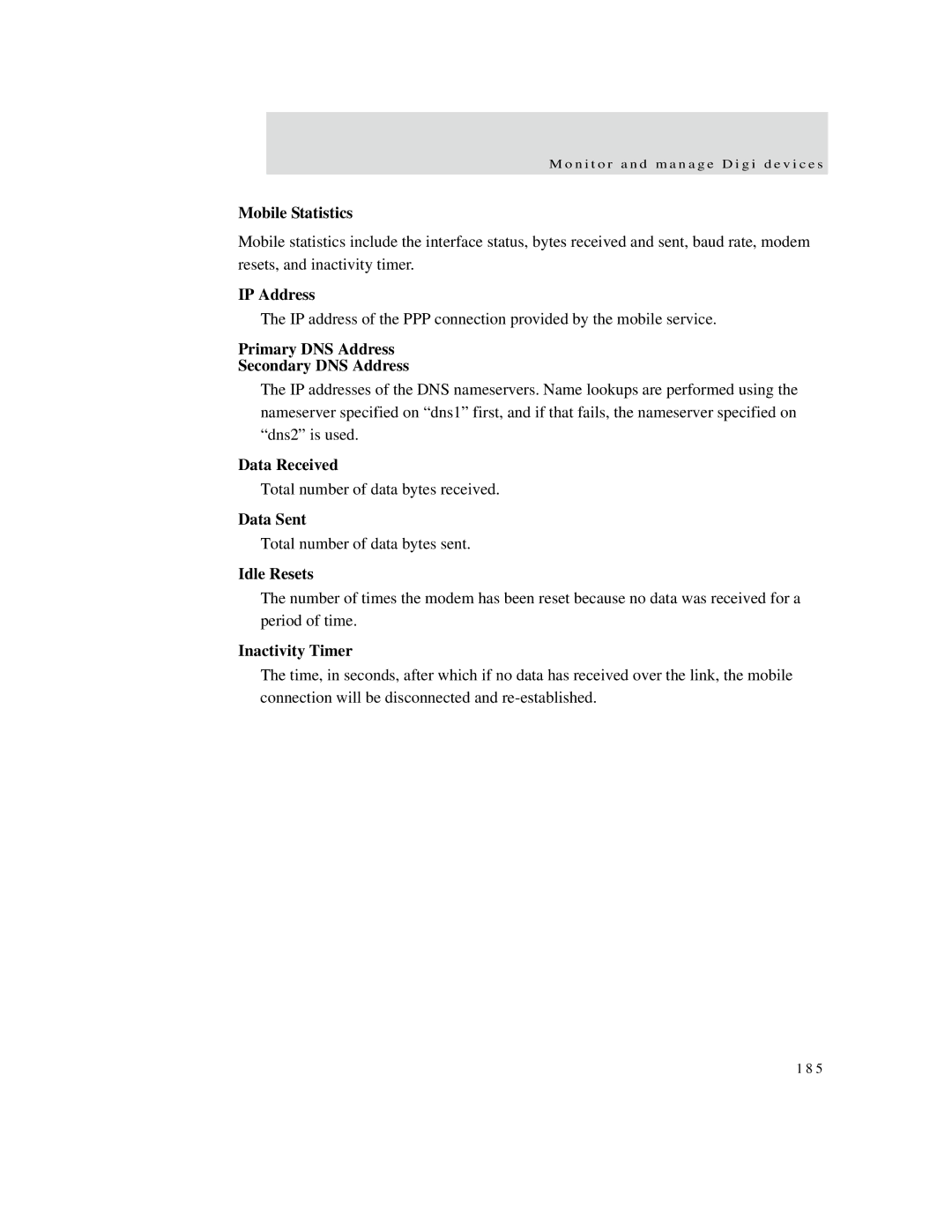 Digi X2 Mobile Statistics, IP Address, Primary DNS Address Secondary DNS Address, Data Received, Data Sent, Idle Resets 