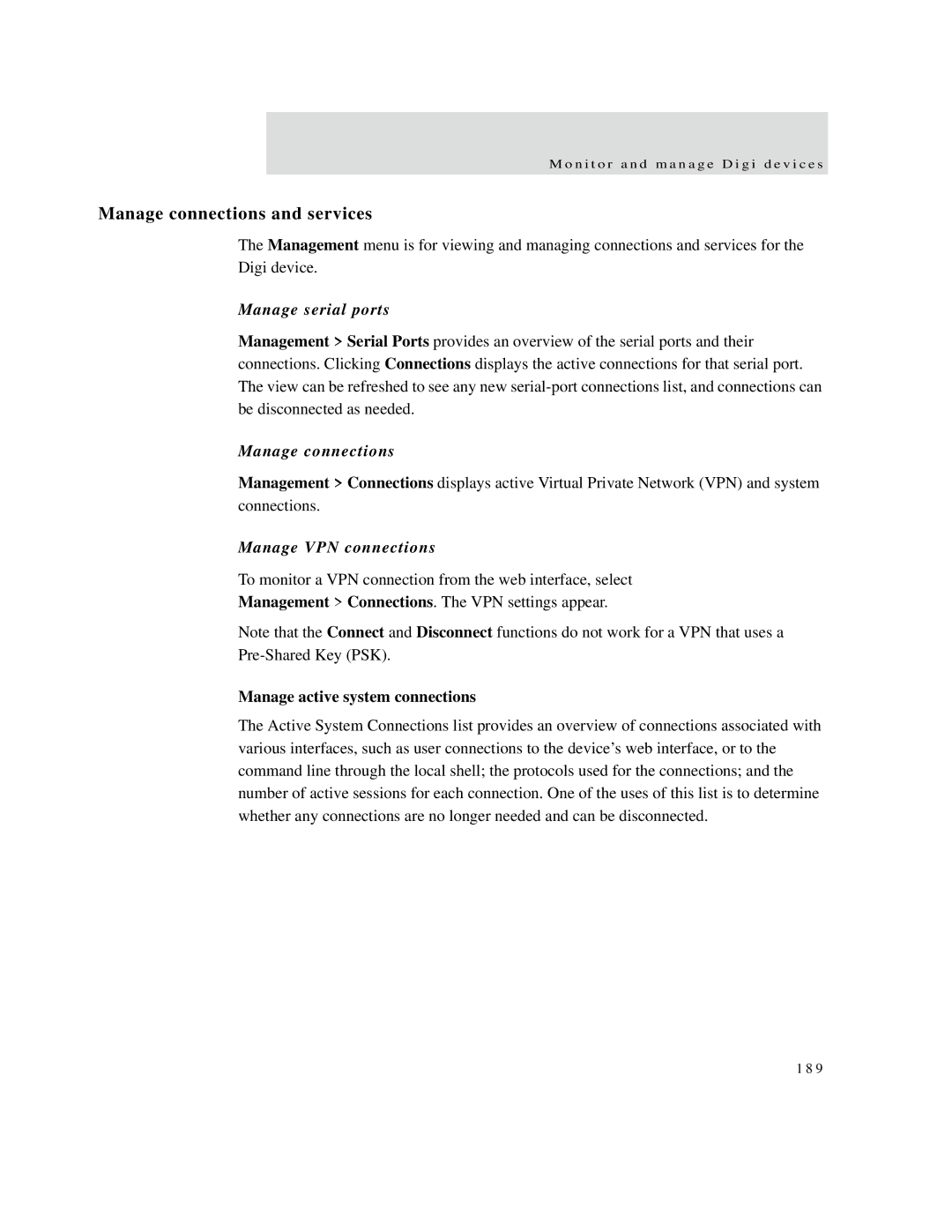Digi X8, X4 Manage connections and services, Manage serial ports, Manage VPN connections, Manage active system connections 