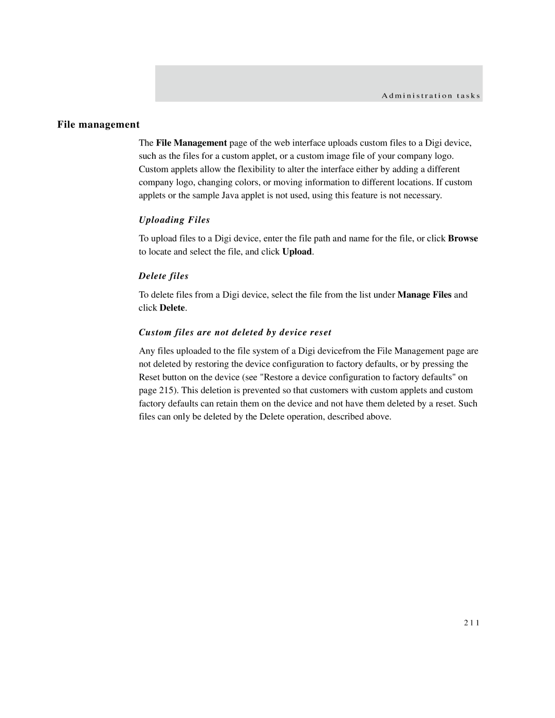 Digi X4, X8, X2 manual File management, Uploading Files, Delete files, Custom files are not deleted by device reset 