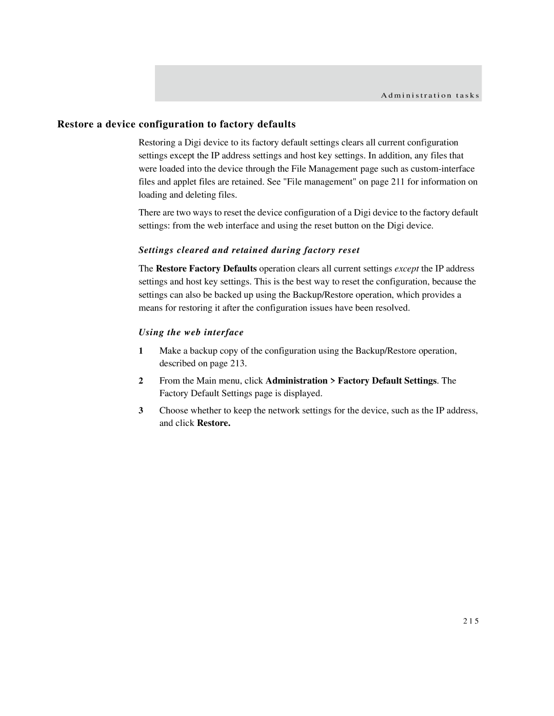 Digi X2, X8, X4 manual Restore a device configuration to factory defaults, Settings cleared and retained during factory reset 
