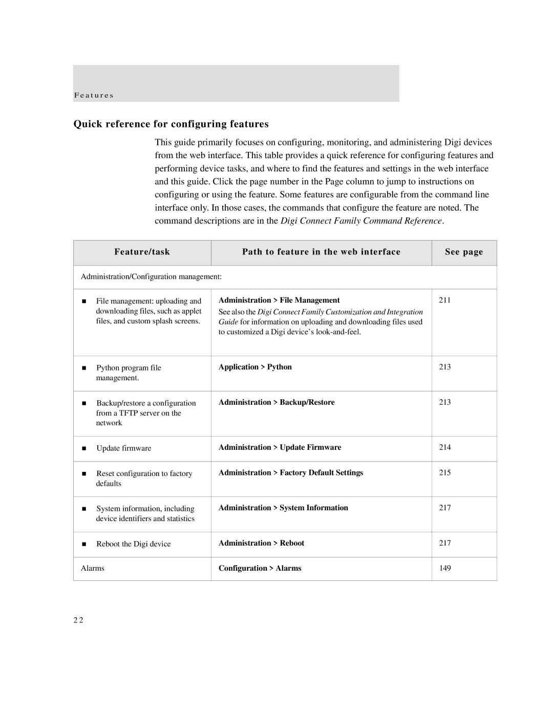 Digi X4, X8, X2 manual Quick reference for configuring features, Feature/task Path to feature in the web interface See 