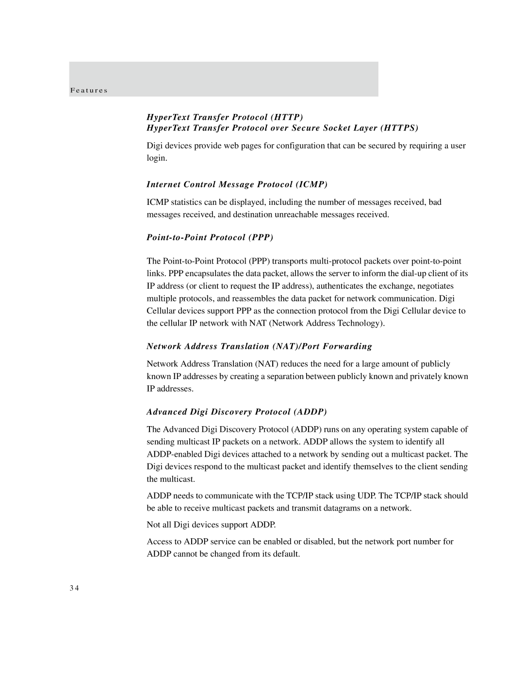 Digi X4, X8, X2 Internet Control Message Protocol Icmp, Point-to-Point Protocol PPP, Advanced Digi Discovery Protocol Addp 