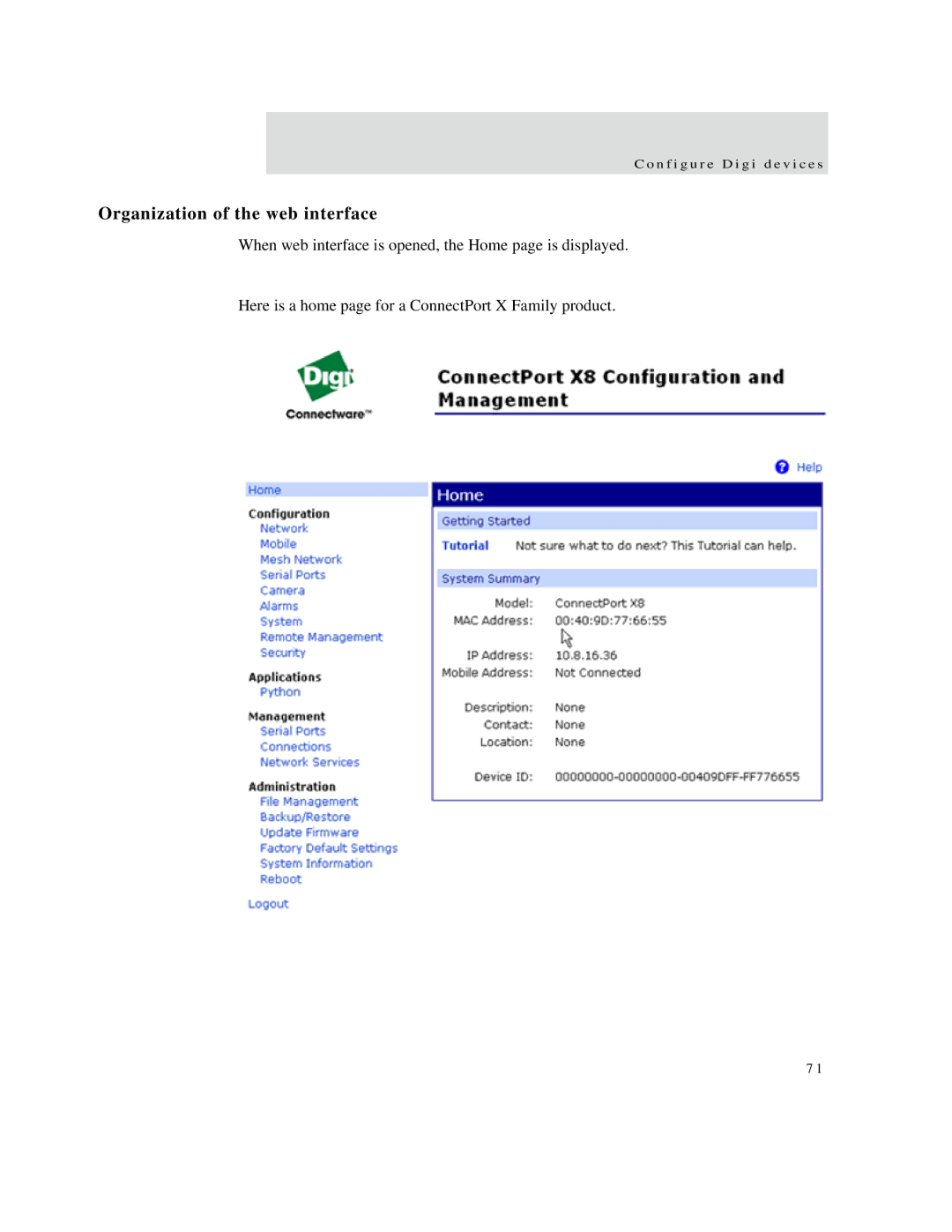 Digi X2, X8, X4 manual Organization of the web interface 