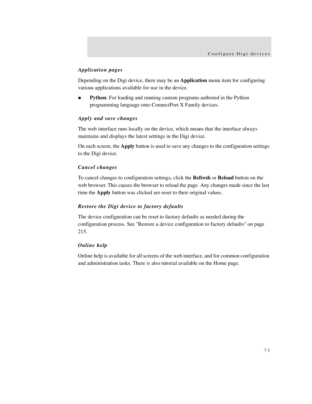 Digi X4, X8, X2 manual Application pages, Apply and save changes, Cancel changes, Restore the Digi device to factory defaults 