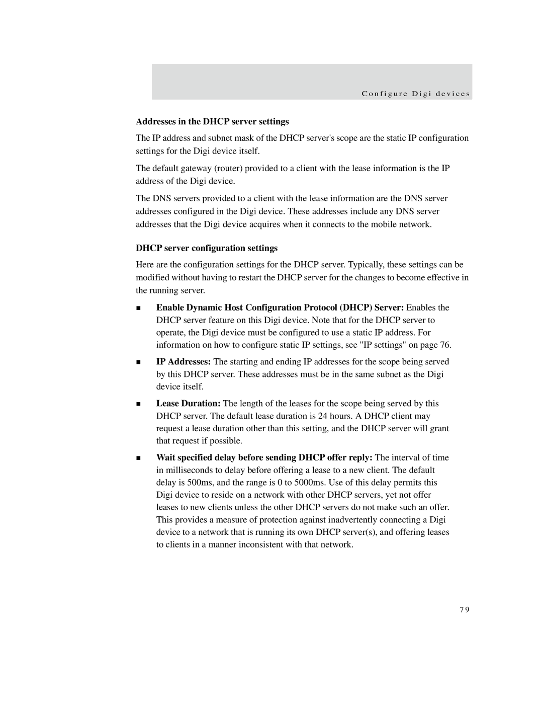 Digi X4, X8, X2 manual Addresses in the Dhcp server settings, Dhcp server configuration settings 