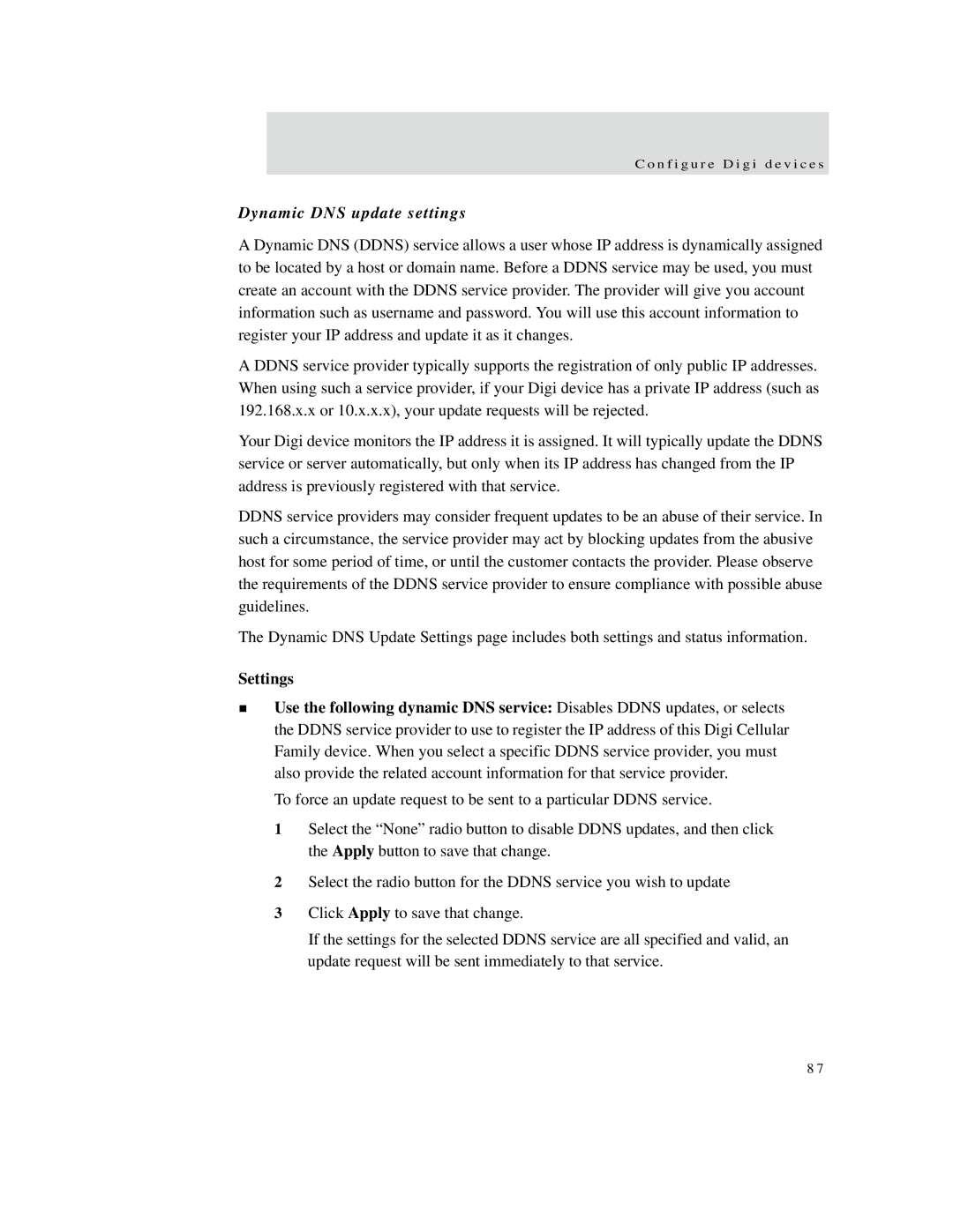 Digi X8, X4, X2 manual Dynamic DNS update settings, Settings 