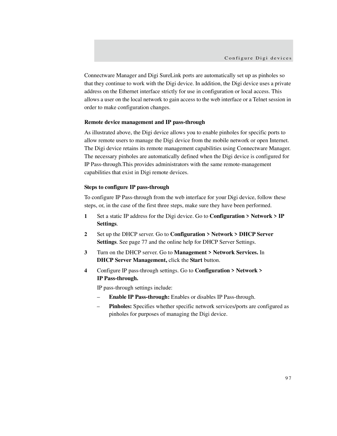 Digi X4, X8, X2 manual Remote device management and IP pass-through, Steps to configure IP pass-through, IP Pass-through 