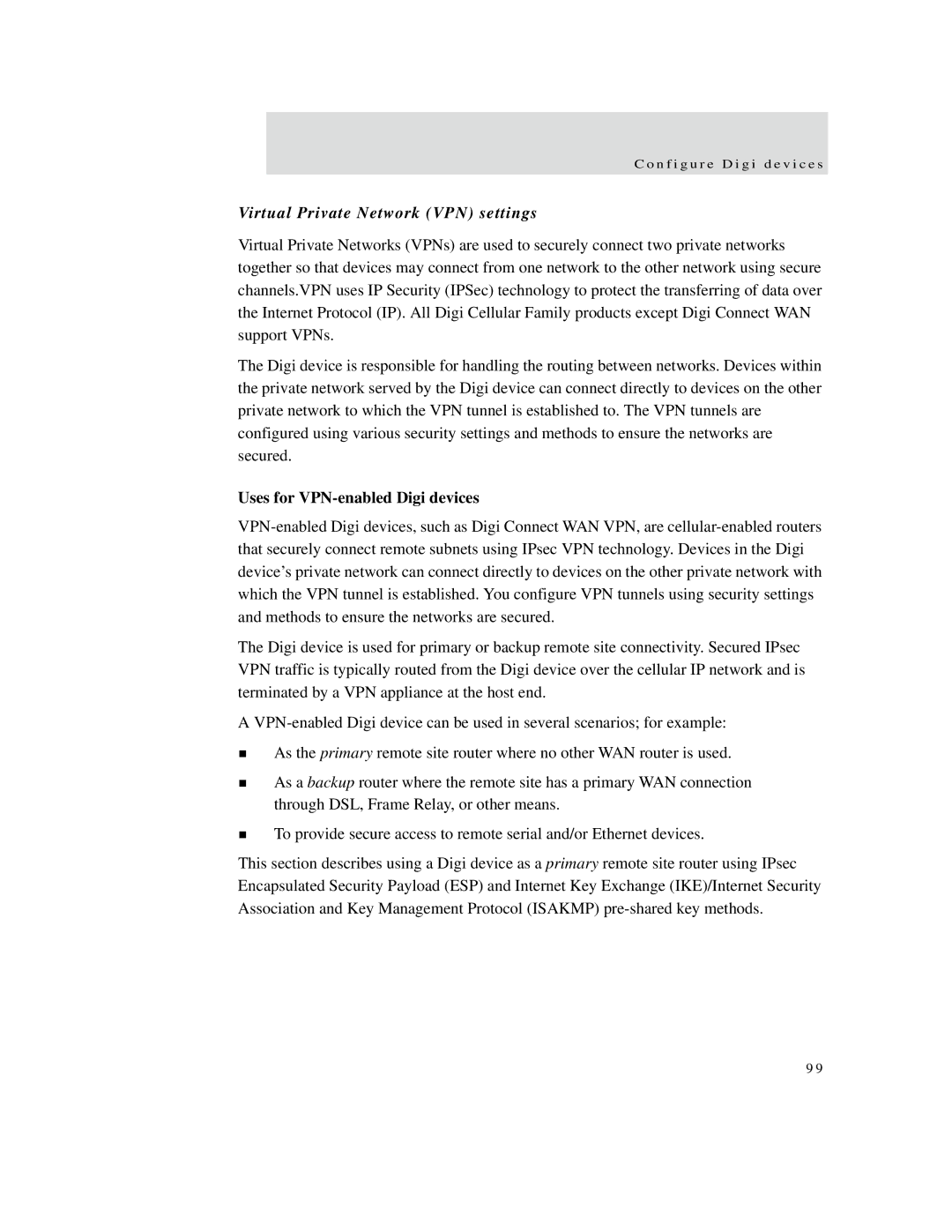 Digi X8, X4, X2 manual Virtual Private Network VPN settings, Uses for VPN-enabled Digi devices 