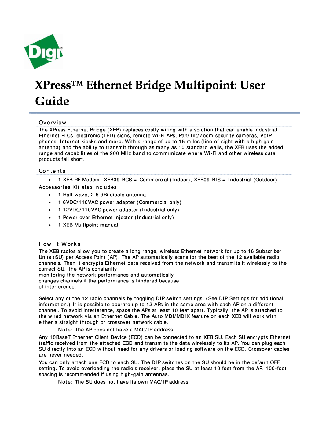 Digi XEB09-BCS manual Overview, Contents, How It Works, XPress Ethernet Bridge Multipoint User Guide 