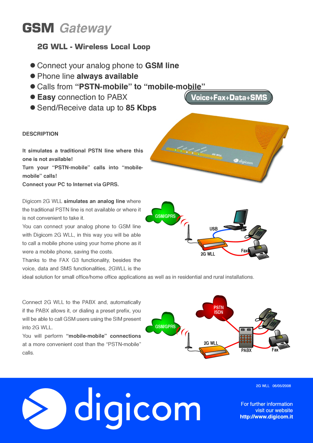 Digicom 2G WLL manual GSM Gateway, Connect your analog phone to GSM line, Send/Receive data up to 85 Kbps, Description 