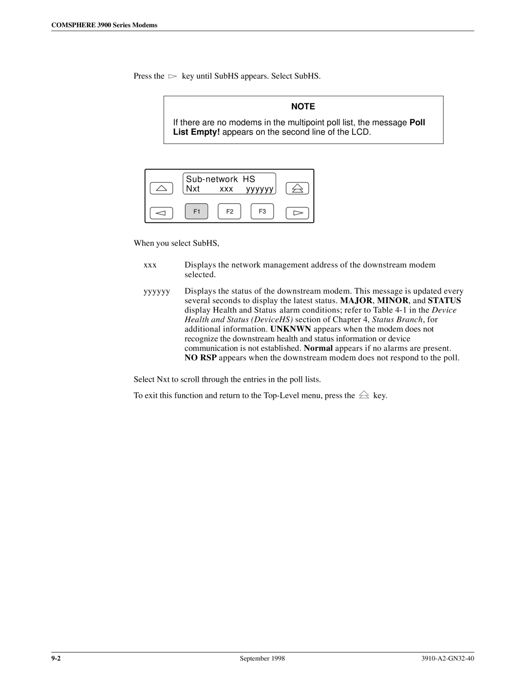 Digicom 3911, 3910 operation manual Press the key until SubHS appears. Select SubHS 