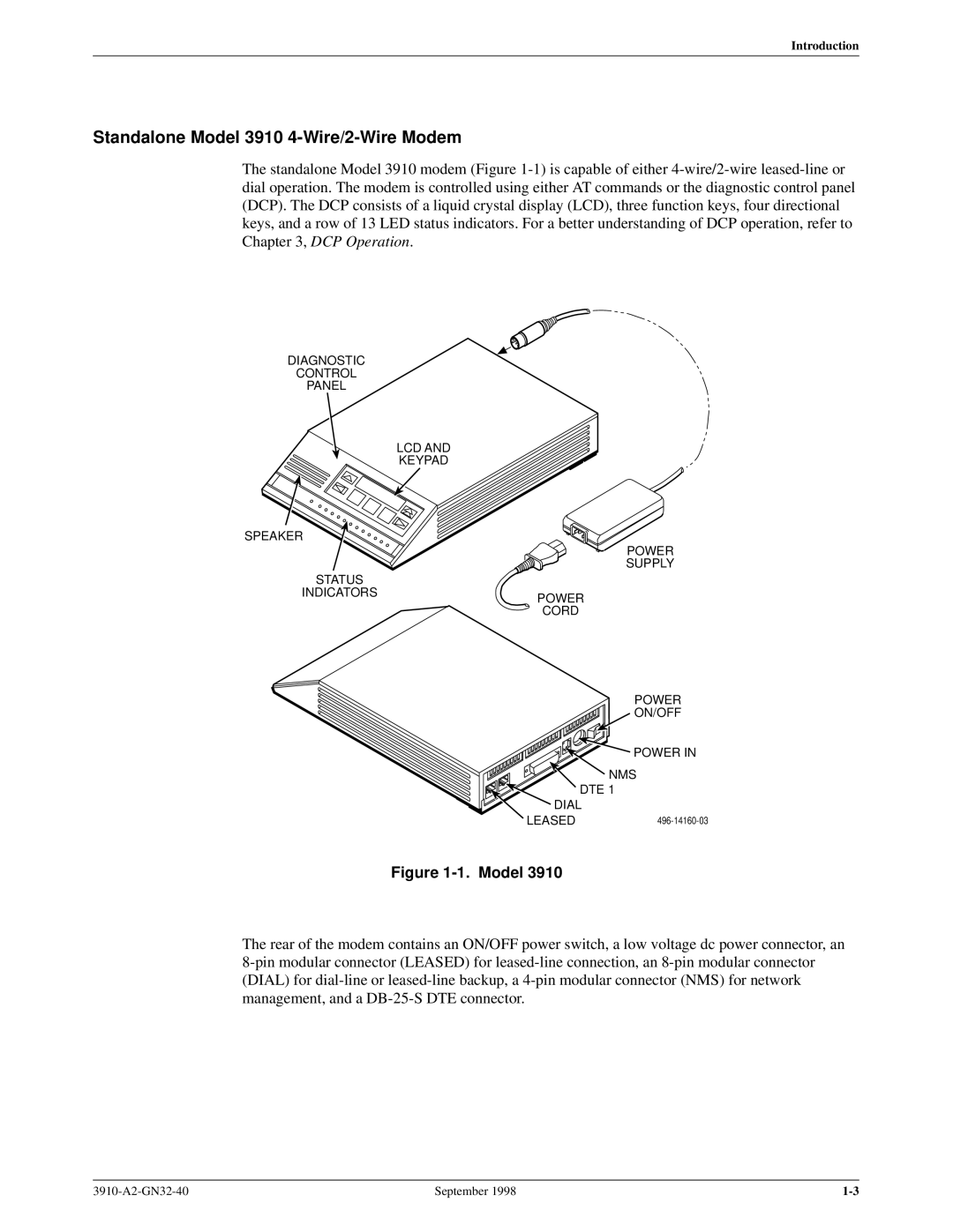 Digicom 3911 operation manual Standalone Model 3910 4-Wire/2-Wire Modem 