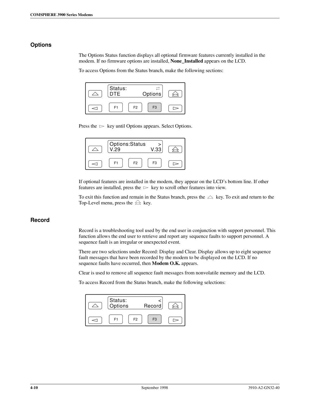 Digicom 3911, 3910 operation manual OptionsStatus 29V.33, Status Options Record 