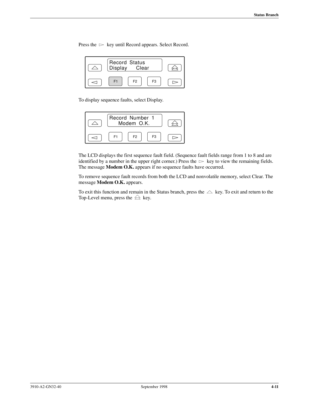 Digicom 3910, 3911 operation manual Record Status Display Clear, Record Number Modem O.K 