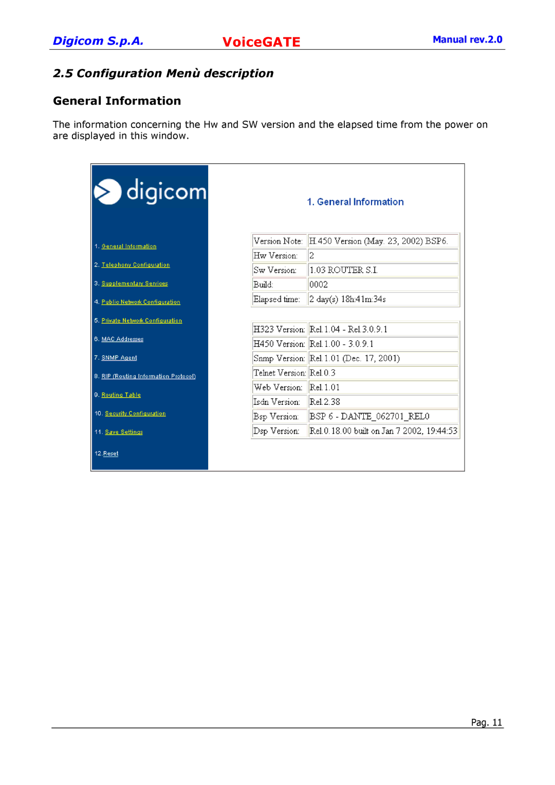 Digicom 8D5499 user manual Configuration Menù description General Information 