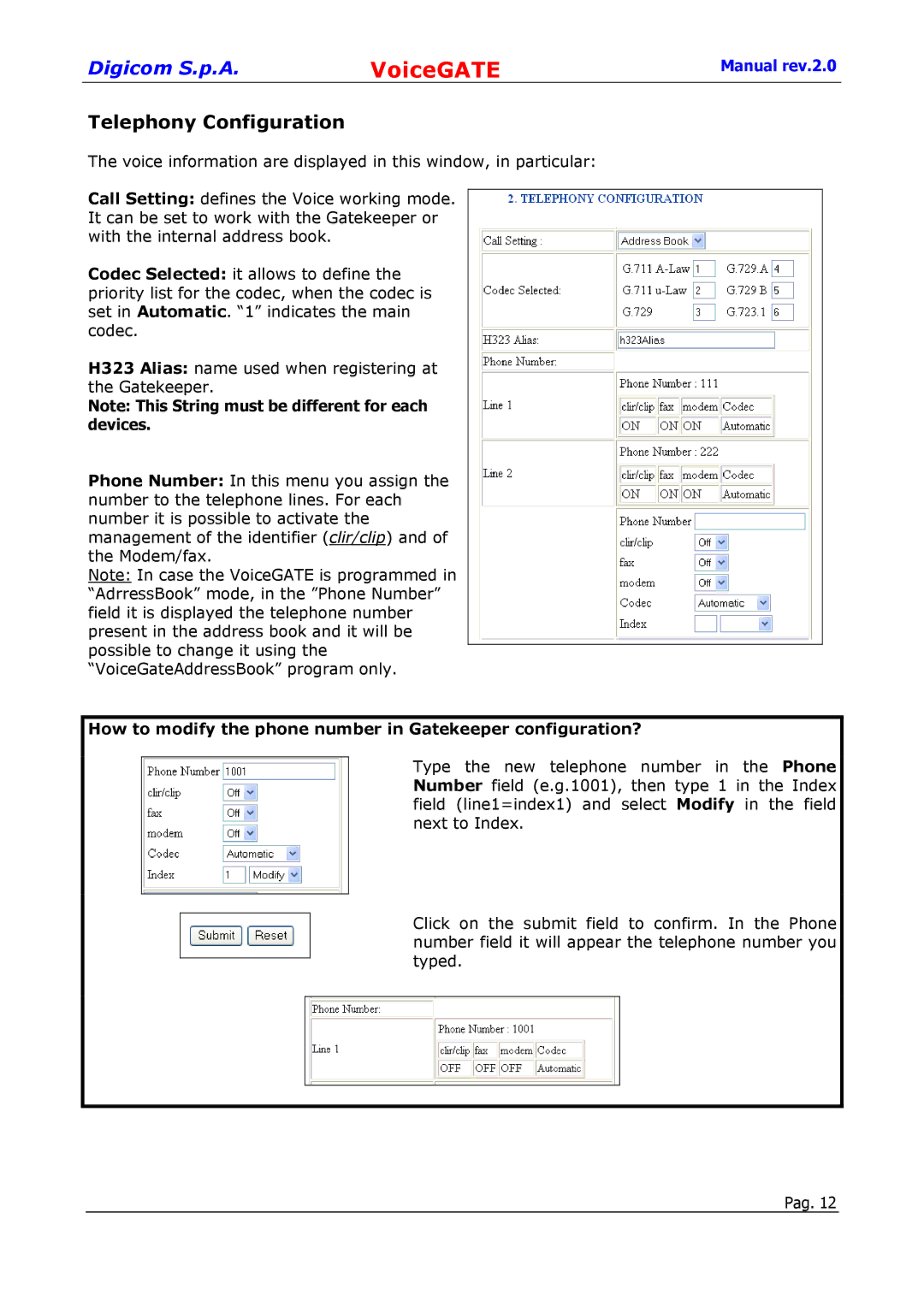 Digicom 8D5499 user manual Telephony Configuration, How to modify the phone number in Gatekeeper configuration? 