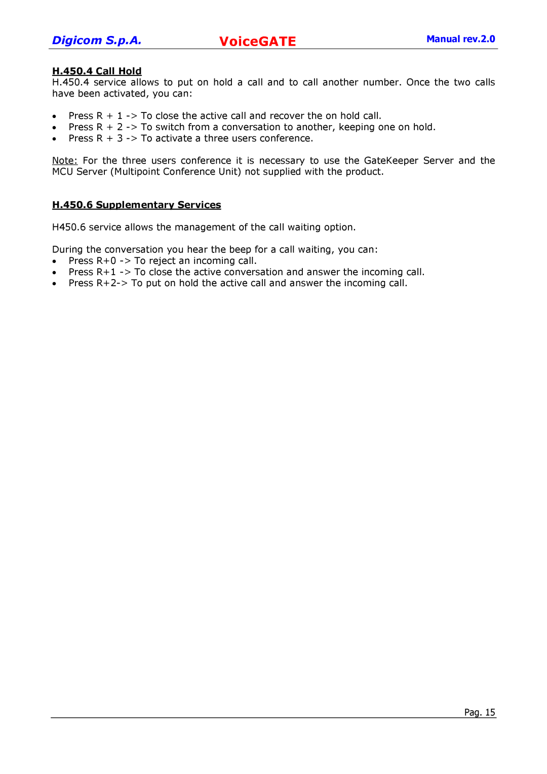 Digicom 8D5499 user manual Call Hold 