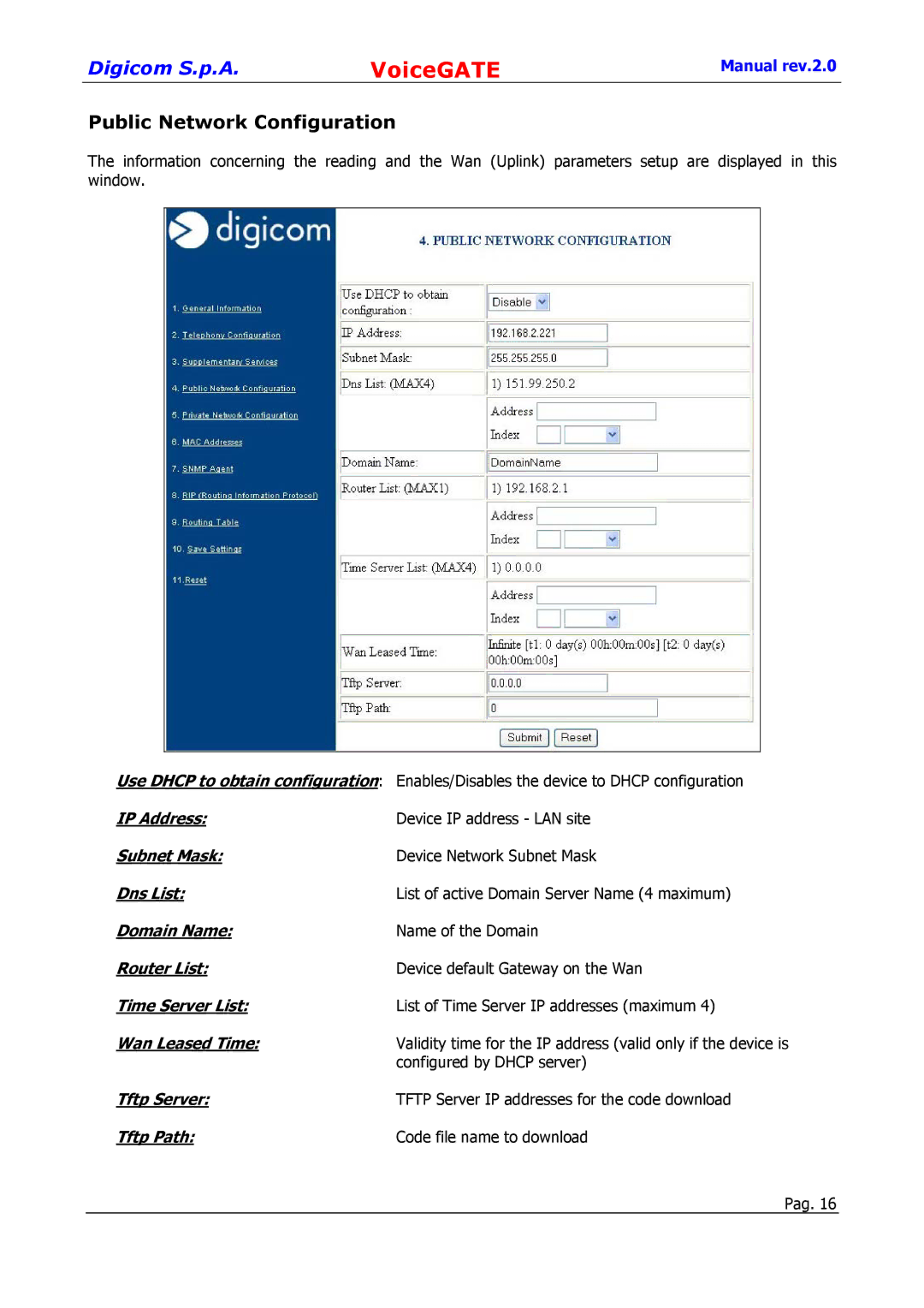 Digicom 8D5499 user manual Public Network Configuration 