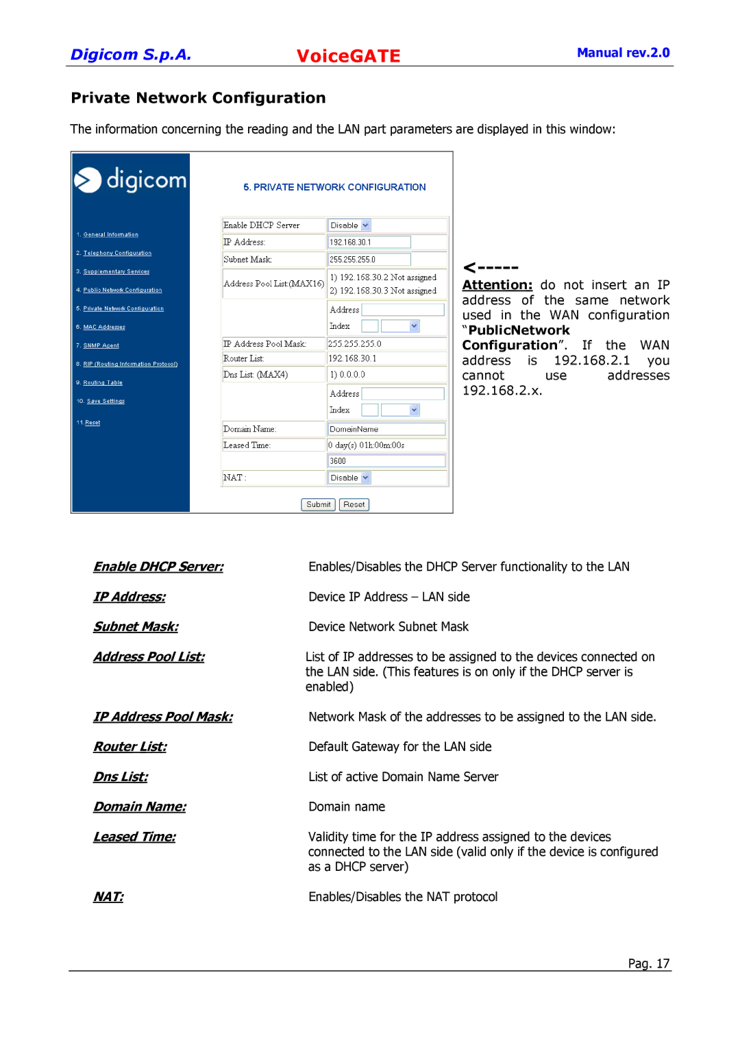 Digicom 8D5499 user manual Private Network Configuration, Address Pool List 