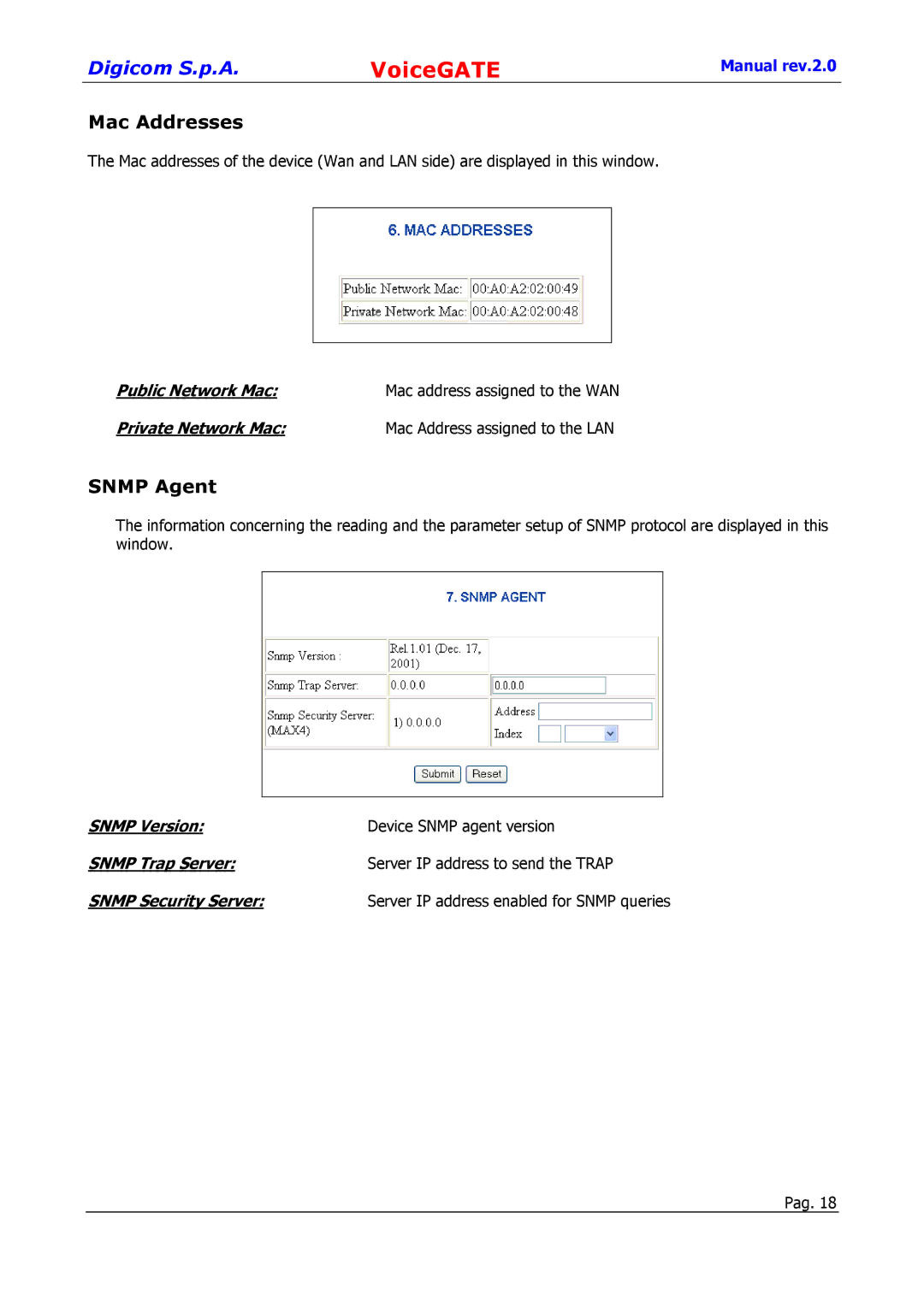 Digicom 8D5499 user manual Mac Addresses, Snmp Agent 