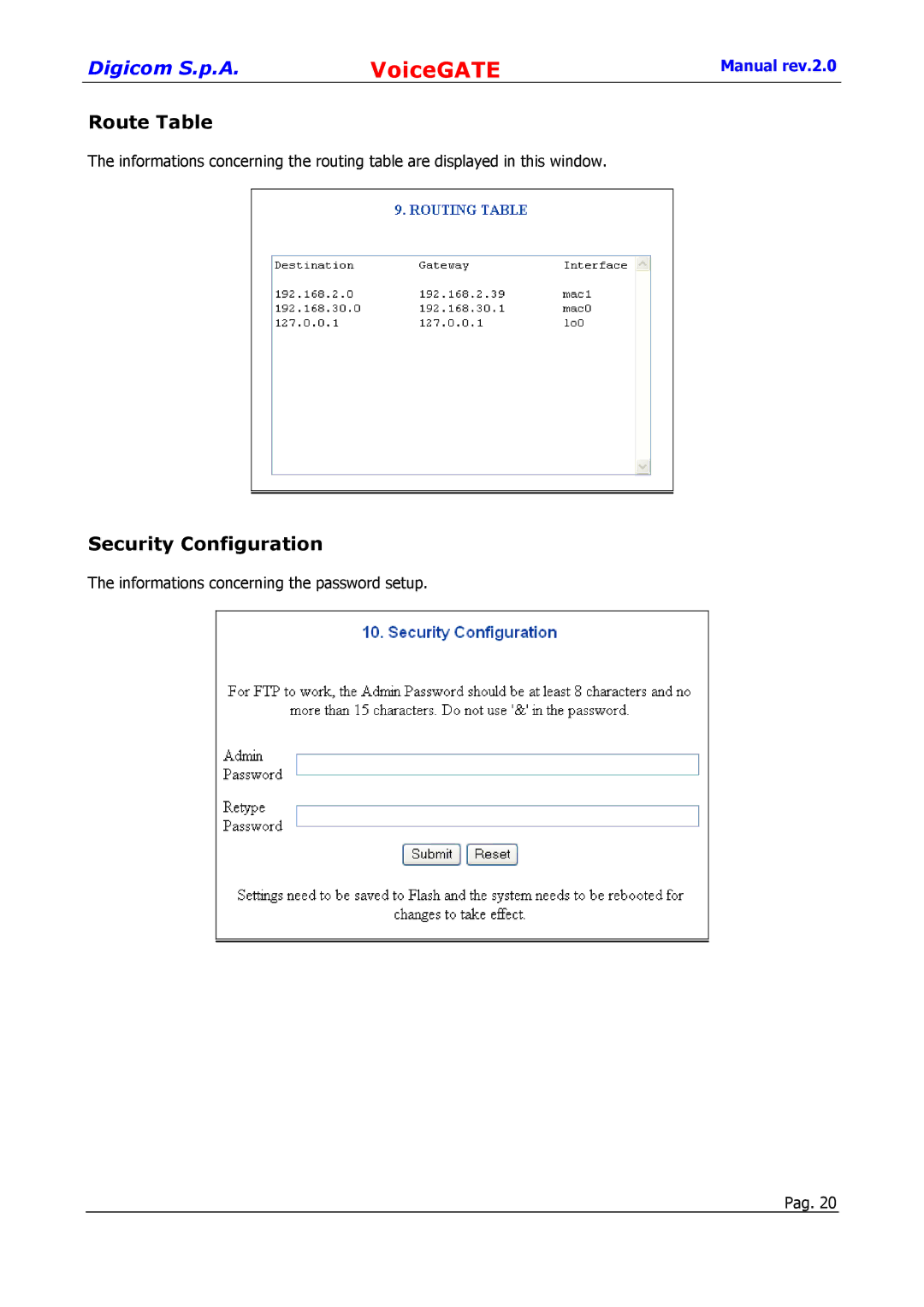 Digicom 8D5499 user manual Route Table, Security Configuration 