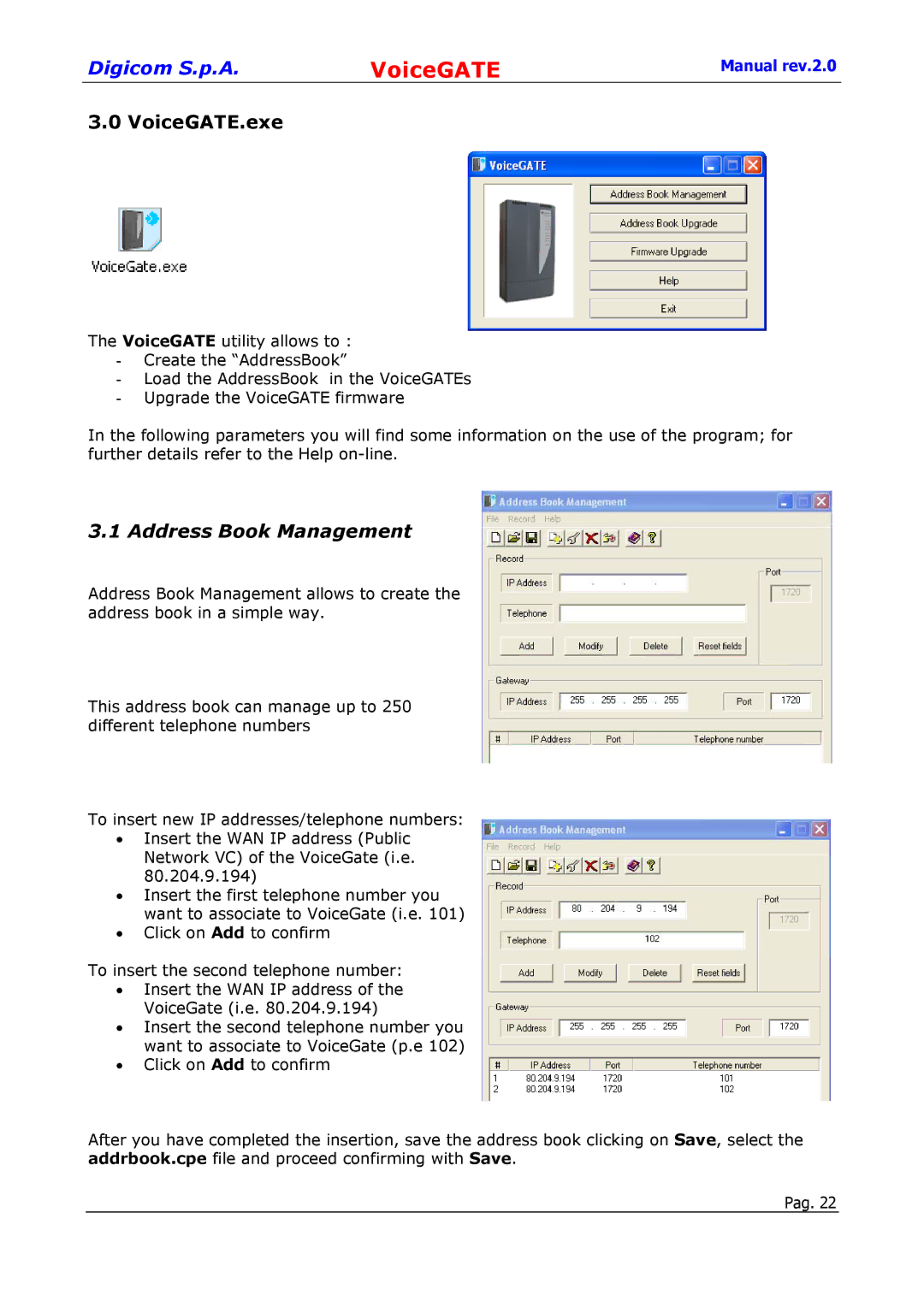 Digicom 8D5499 user manual VoiceGATE.exe, Address Book Management 