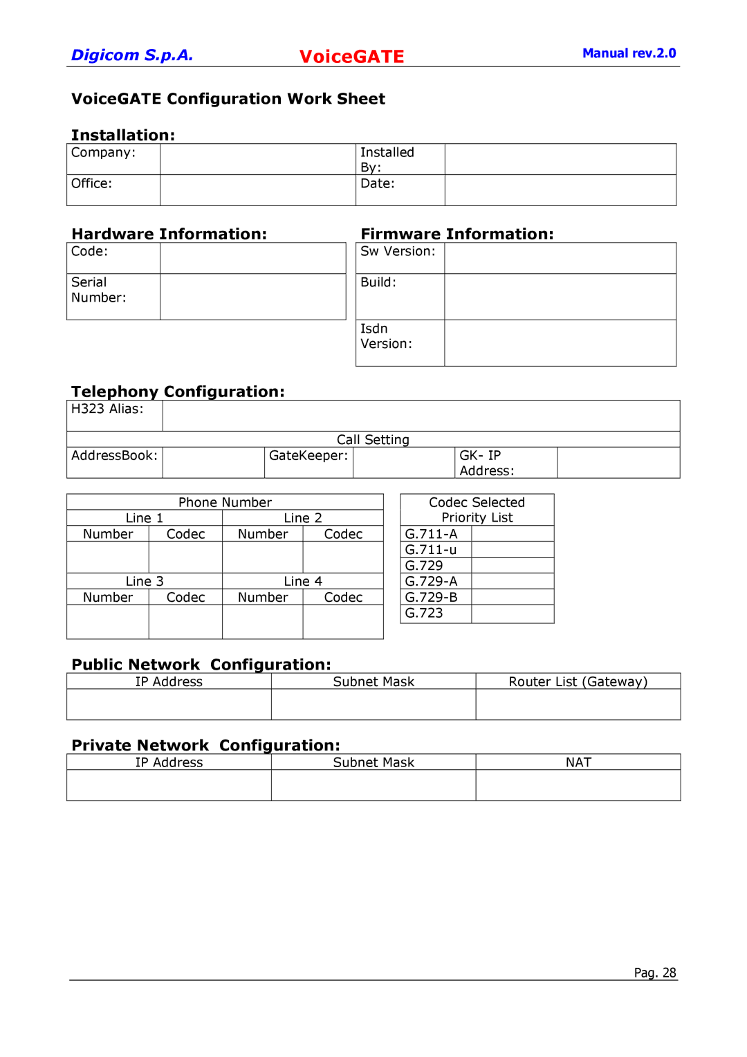 Digicom 8D5499 user manual VoiceGATE Configuration Work Sheet Installation, Hardware Information, Firmware Information 