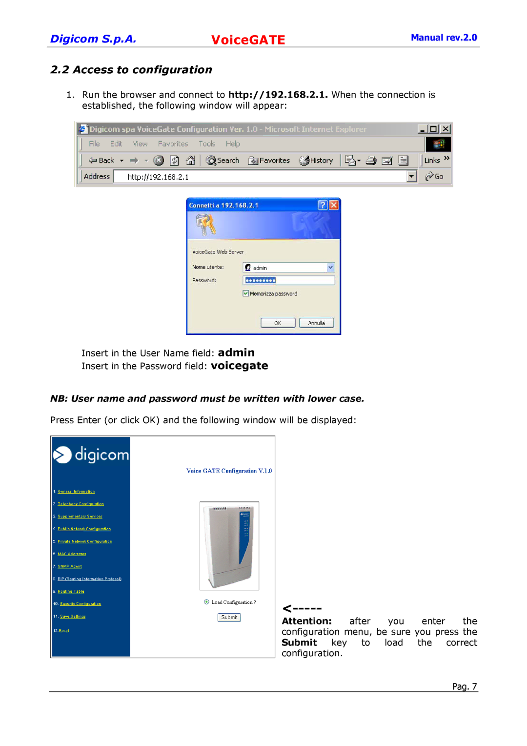 Digicom 8D5499 user manual Access to configuration 