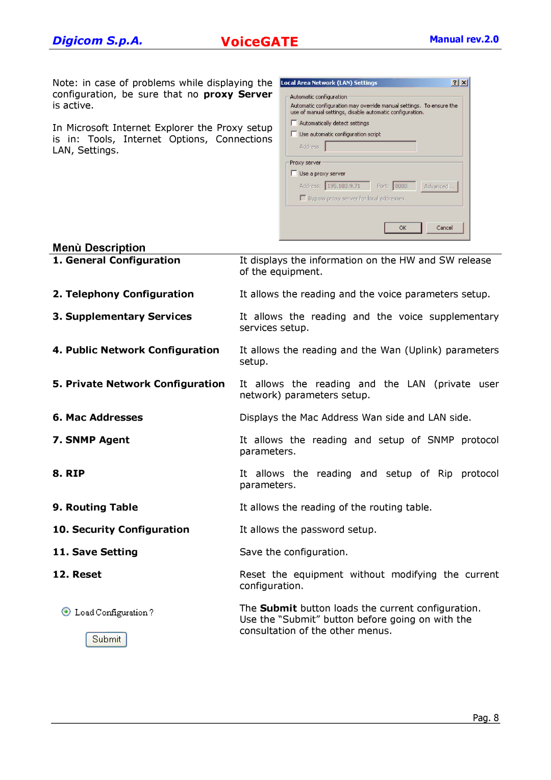 Digicom 8D5499 user manual Menù Description, It allows the reading and setup of Rip protocol 