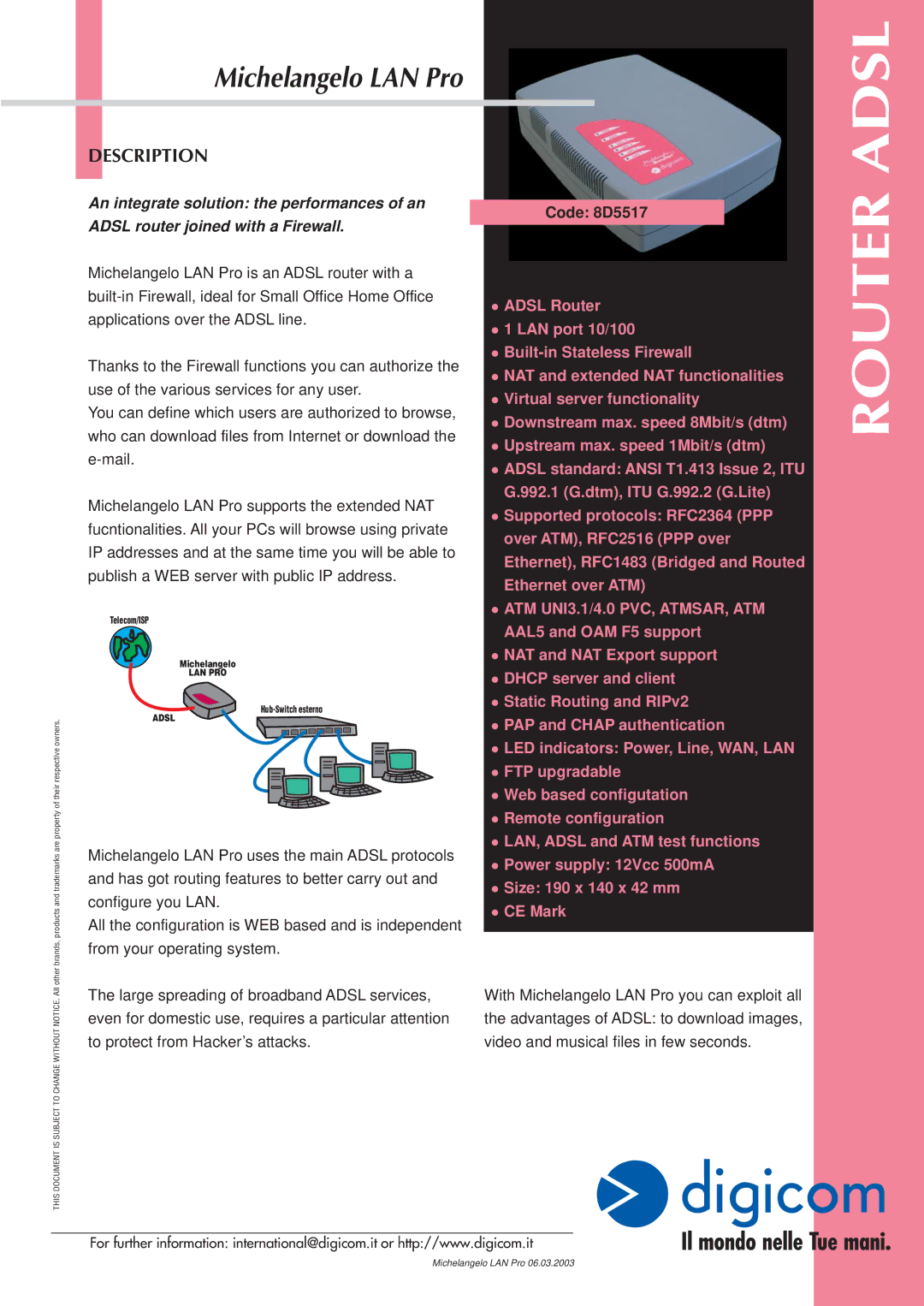 Digicom 8D5517 manual Router, Adsl, Description 