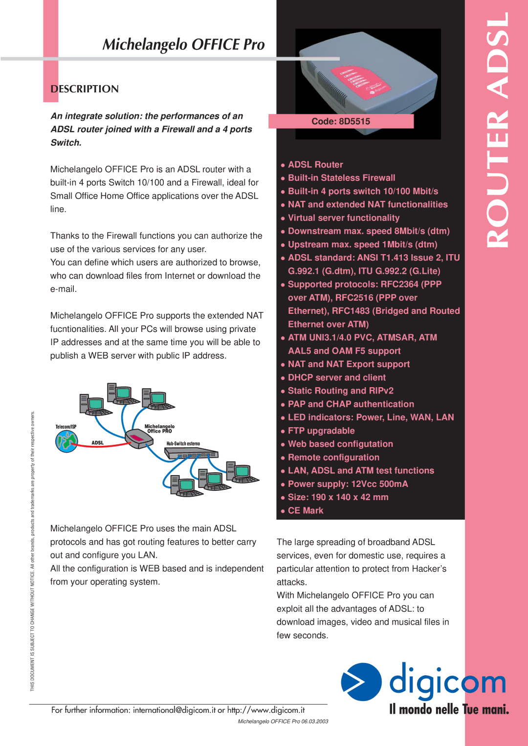 Digicom ADSL Router manual Adsl, Description 