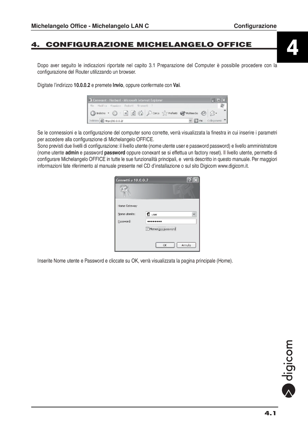 Digicom ADSL manual Configurazione Michelangelo Office 